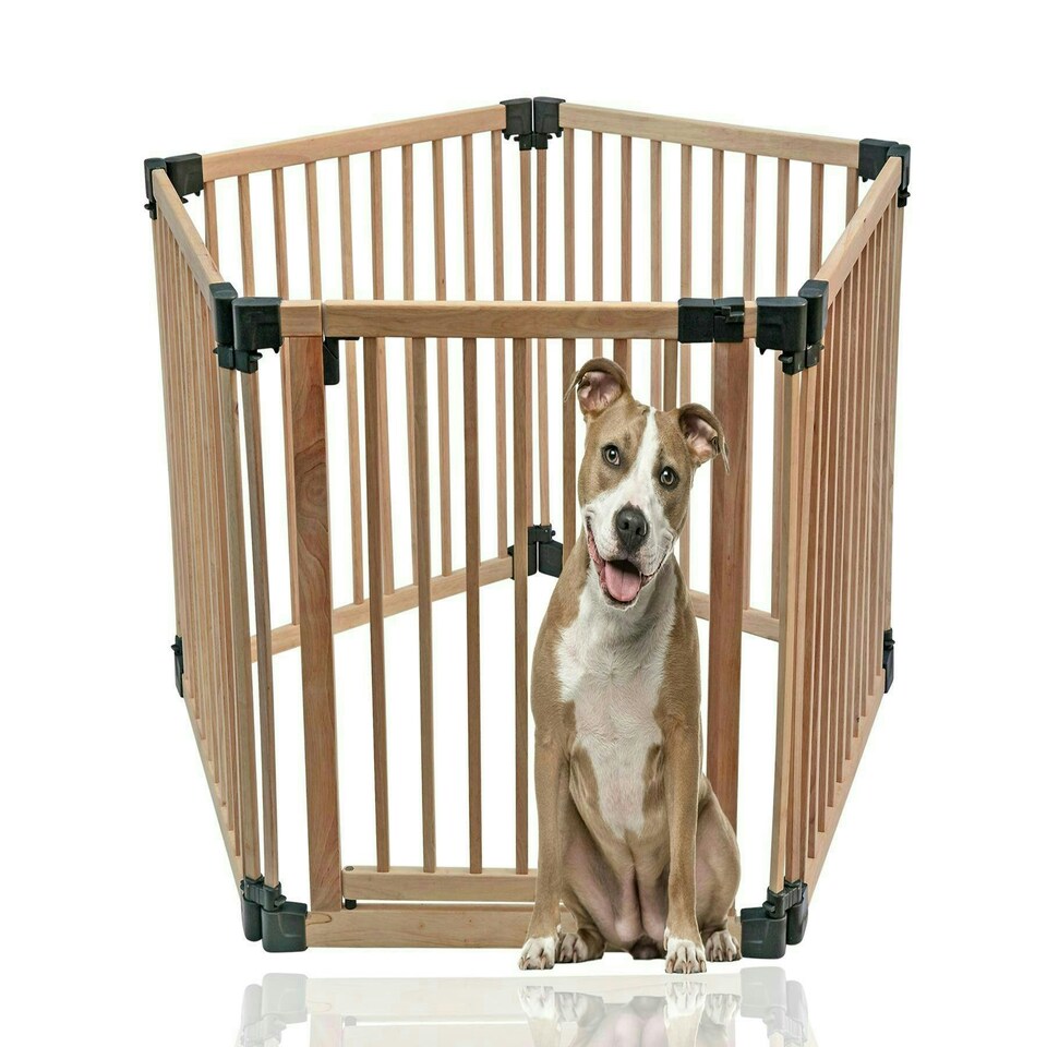 image 1 of Bettacare Wooden Dog Pen, Pentagon, 5 x 80cm, Natural Wood, 76cm High, Dog Pen for Pets Dogs and Puppy, Dog Playpen Cream