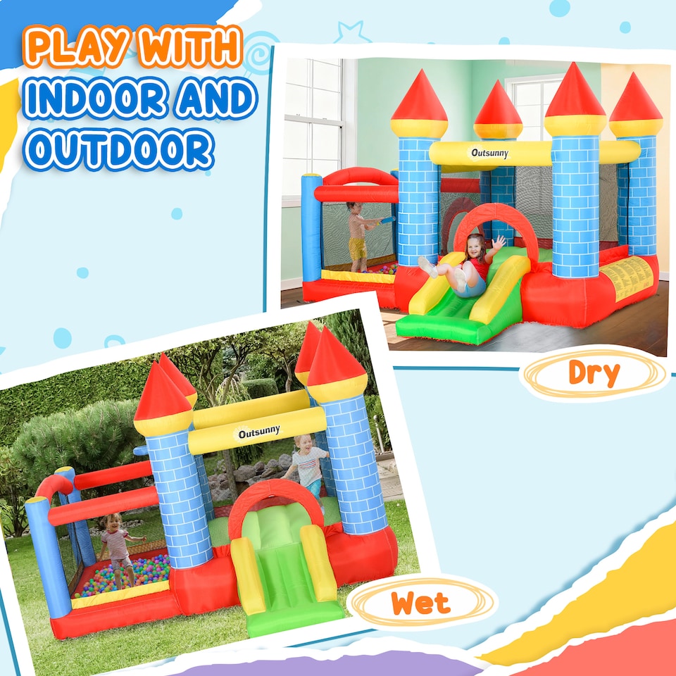 image 1 of Outsunny Kids Bouncy Castle House W/ Fun Features, Blower, Multicoloured