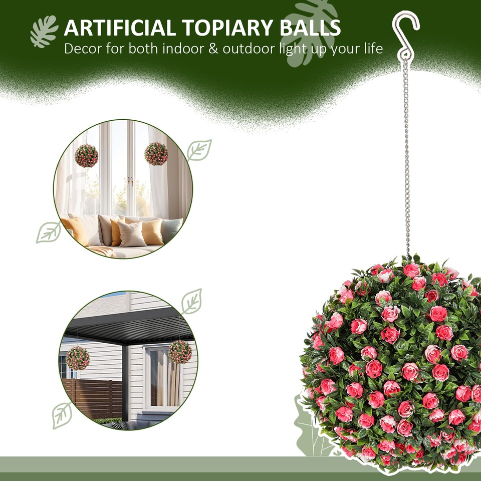 image 1 of HOMCOM Set of 2 Decorative Artificial Plants, UV-protected Artificial Plant Topiary Rose Balls, Fake Plants for Home Indoor outdoor Decor, 28cm, Pink