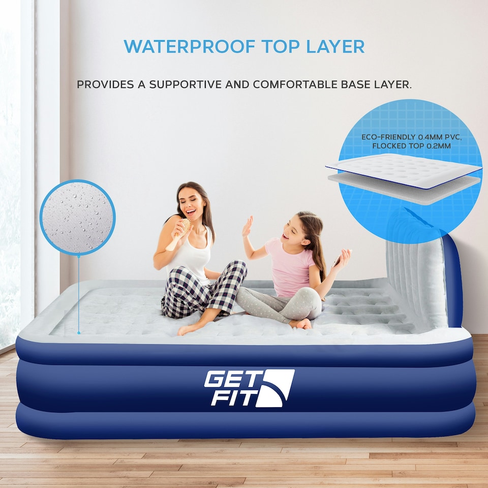 image 1 of Get Fit Air Bed With Built In Electric Pump - King Airbed Blow Up Bed With Headboard, 2 Free Inflatable Pillows - Elevated Inflatable Air Mattress - Navy/White