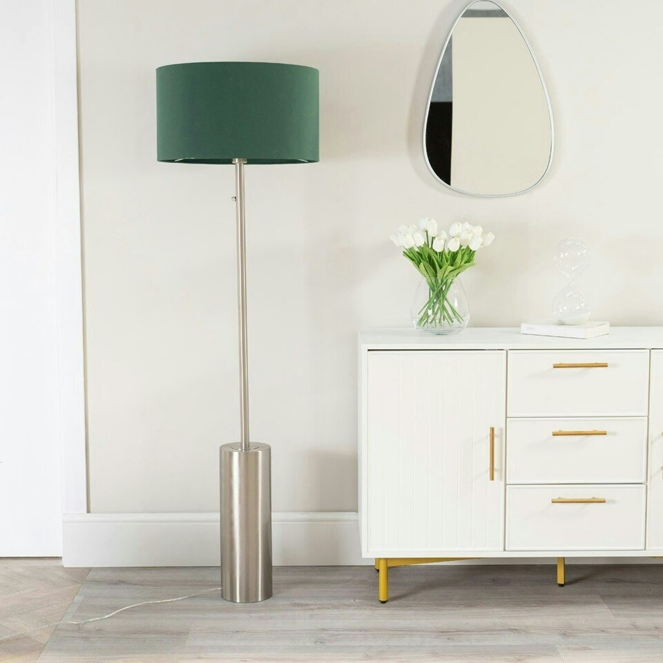 image 1 of ValueLights Lexy Forest Green Fabric Drum Shade with Brushed Chrome Dimmable Floor Lamp with LED Bulb Green