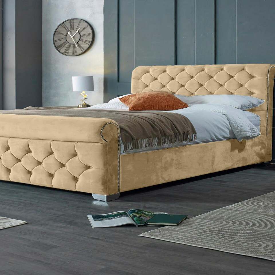 image 1 of Veneta Plush Beige Double Bed Frame - Beige