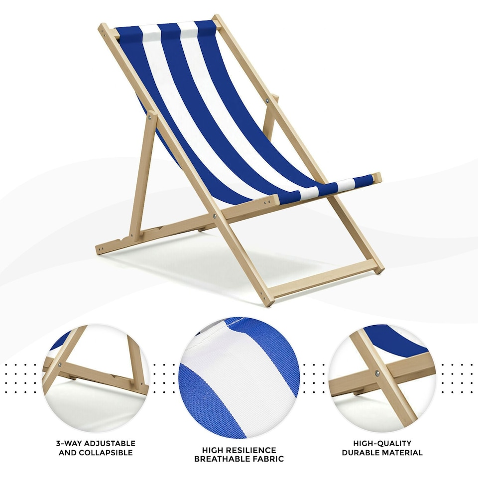 image 1 of Wooden Folding Deck Chair Garden, Beach & Patio Outdoor Chair | Blue