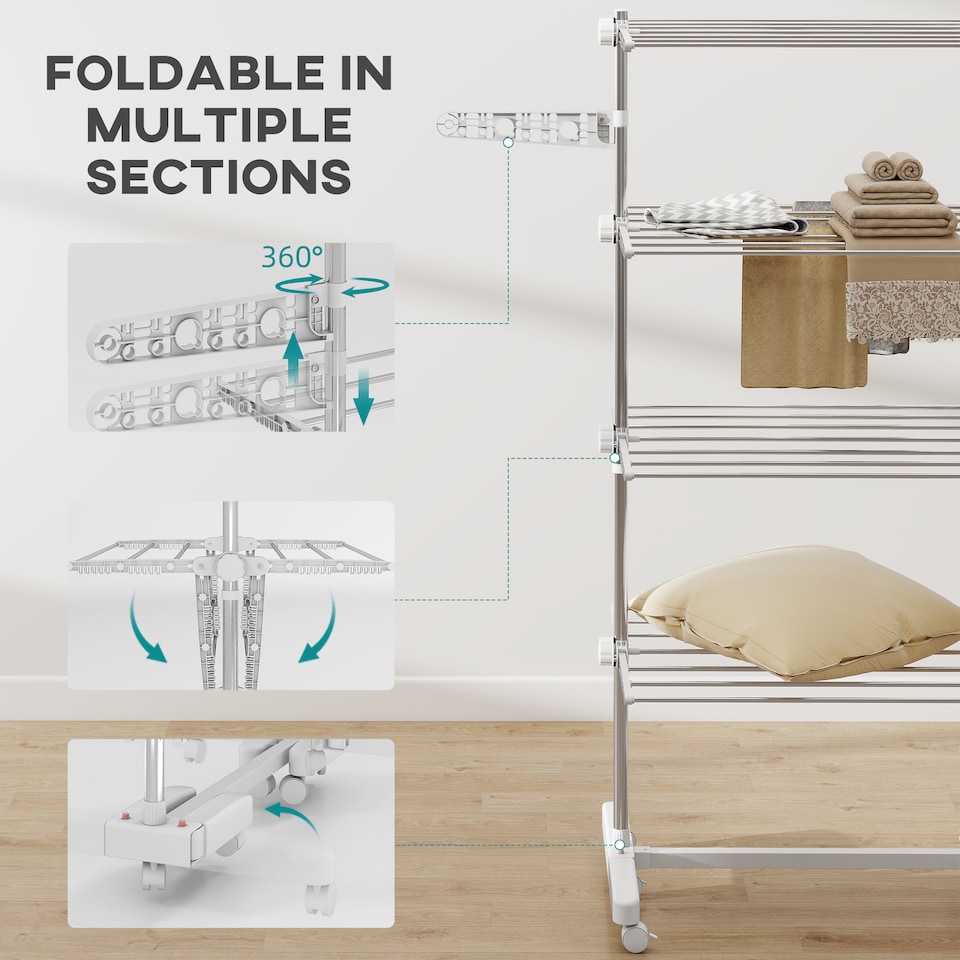image 1 of HOMCOM 4-Tier Large Clothes Airer Stainless Steel Clothes Drying Rack White