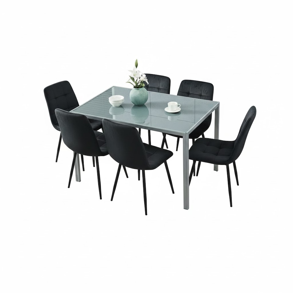 image 1 of Grey Glass Dining Table with 6 Black Velvet Chairs Set Kitchen Dining Room Furniture
