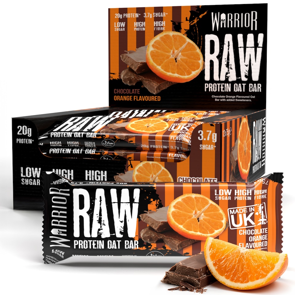image 1 of Warrior RAW Protein Bars 12 x 75g – 20g High Protein Bar, Low Sugar High Fibre Oat Protein Flapjack – Protein Snacks, Meal Replacement Bars (Chocolate Orange)