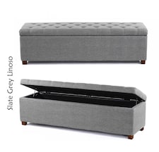 Linoso Chesterfield Slate Grey Ottoman Storage Box with Square Wooden Legs - Upholstered Blanket Box (90W x 40D x 45H cm)