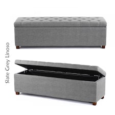 Linoso Chesterfield Slate Grey Ottoman Storage Box with Square Wooden Legs - Upholstered Blanket Box (90W x 40D x 45H cm)