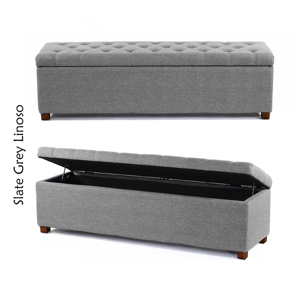 Linoso Chesterfield Slate Grey Ottoman Storage Box with Square Wooden Legs - Upholstered Blanket Box (90W x 40D x 45H cm)