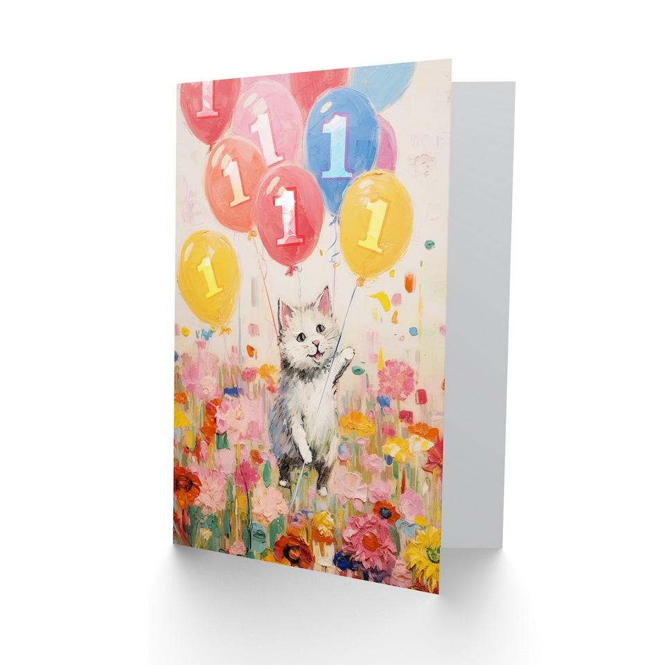 image 1 of Flowers Kitty Balloons Age 1 Year Old Cat Child Kids 1st Birthday Card