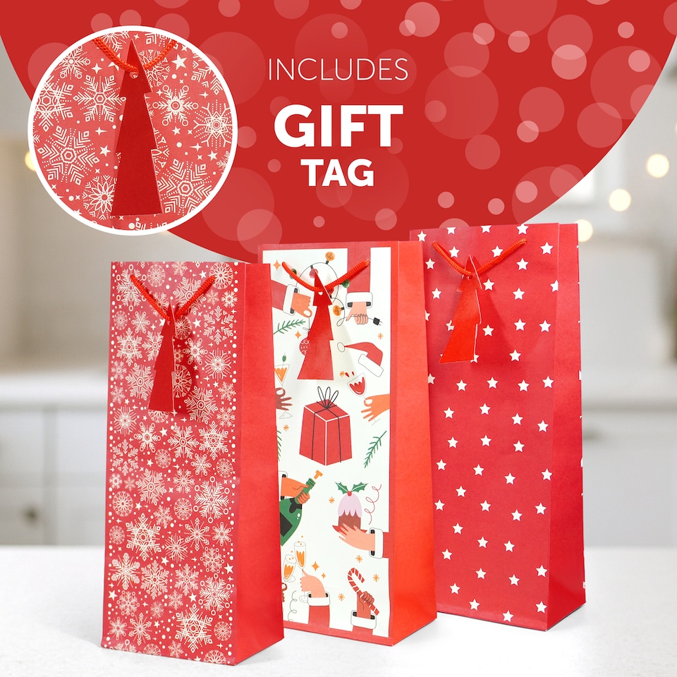image 1 of Kraft and Co Christmas Wine Bottle Gift Bags with Cord Handles, 3 Pack