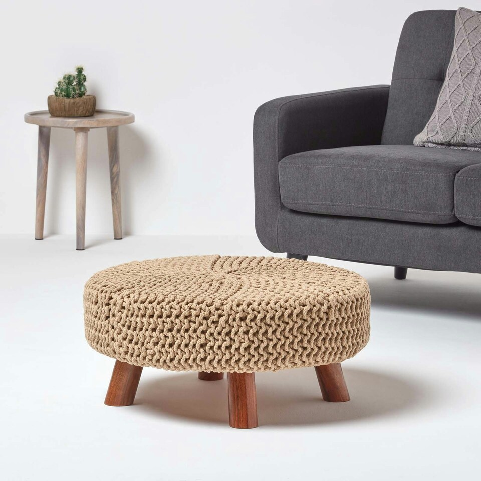 image 1 of Homescapes Linen Large Round Cotton Knitted Footstool on Legs