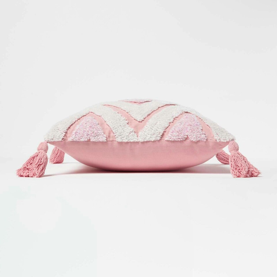 image 1 of Homescapes Geometric Ikat White & Pink Tufted Cotton Cushion with Tassels - 45 x 45 cm
