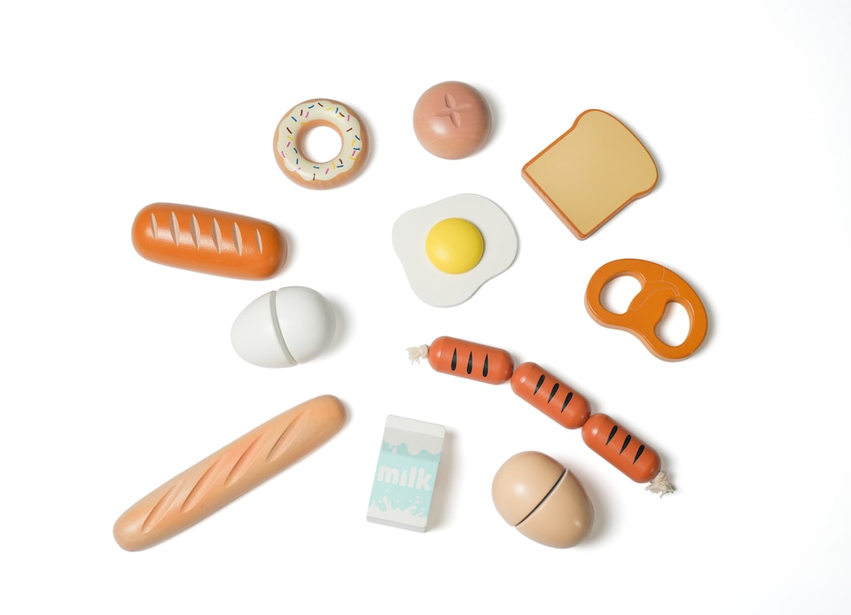 image 1 of Hooga Breakfast Play Food Set with Basket - Wooden Playfood Featuring 11 Breakfast Items