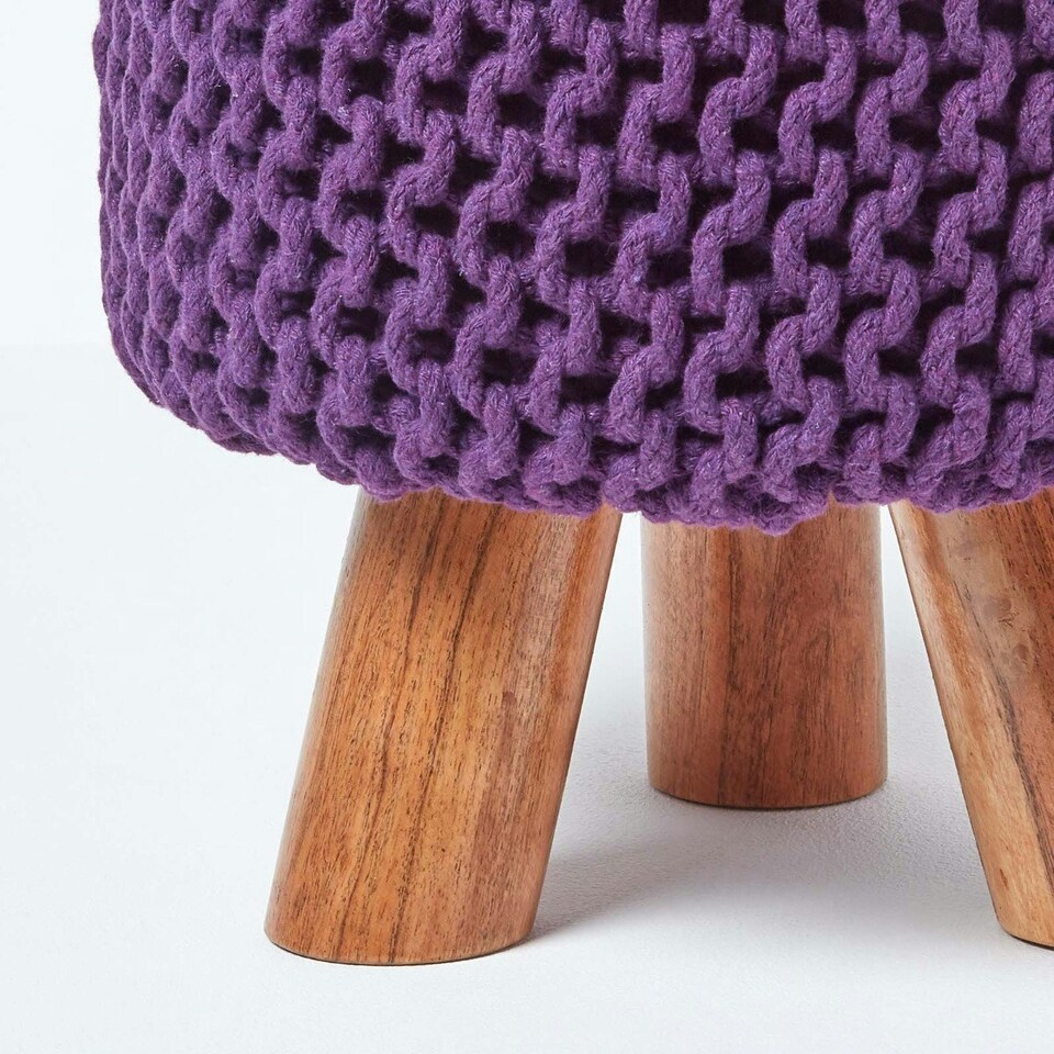 image 1 of Homescapes Deep Purple Tall Cotton Knitted Footstool on Legs