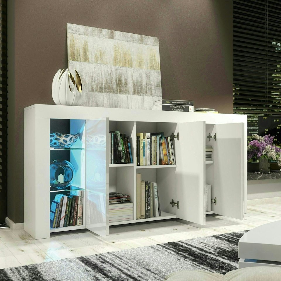 image 1 of White Sideboard 164cm Gloss Doors Free LED Modern Storage Unit | White