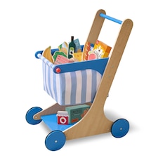 Teamson Kids Little Helper Mr. Fresh Wooden Shopping Cart with 13 Play Food Items, Soft Wheels, Ergonomic Handle & Fabric Basket for Toddlers - Blue