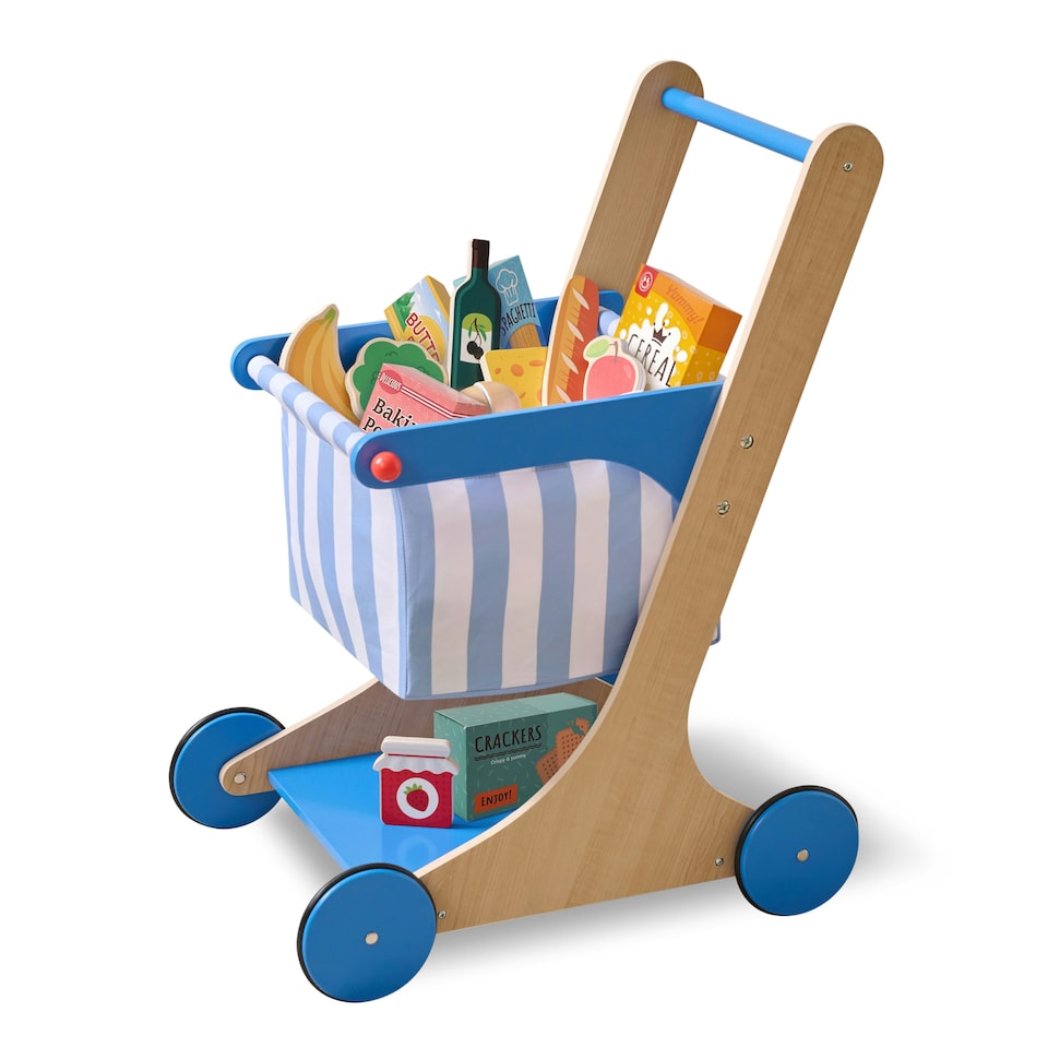 image 1 of Teamson Kids Little Helper Mr. Fresh Wooden Shopping Cart with 13 Play Food Items, Soft Wheels, Ergonomic Handle & Fabric Basket for Toddlers - Blue