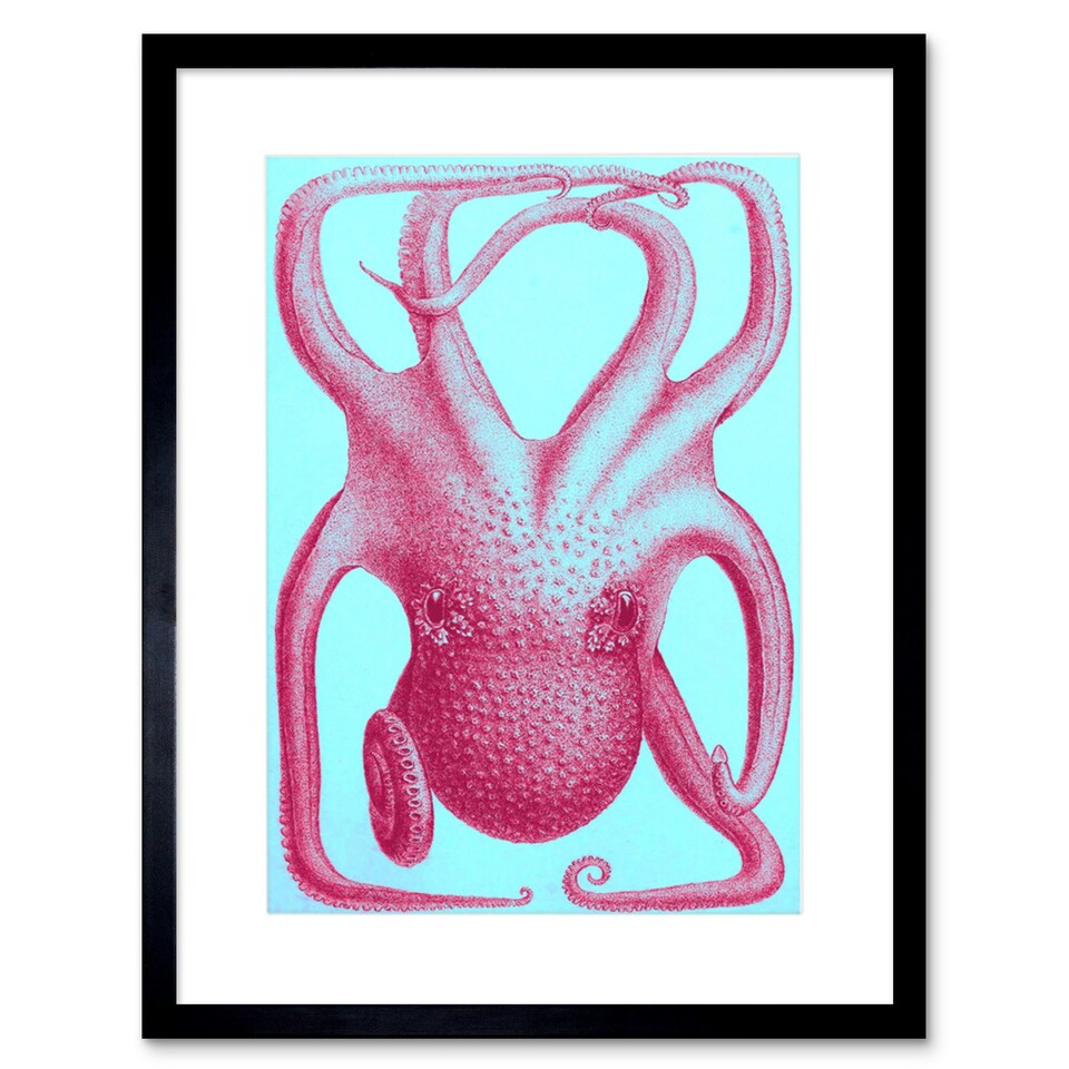 image 1 of Vintage Octopus Bright Pink Turquoise Sea Life Design 9x7" Black Framed Wall Art Print