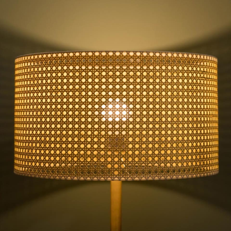 image 1 of ValueLights Charlie Gold Floor Lamp Wicker Cane Shade | Gold
