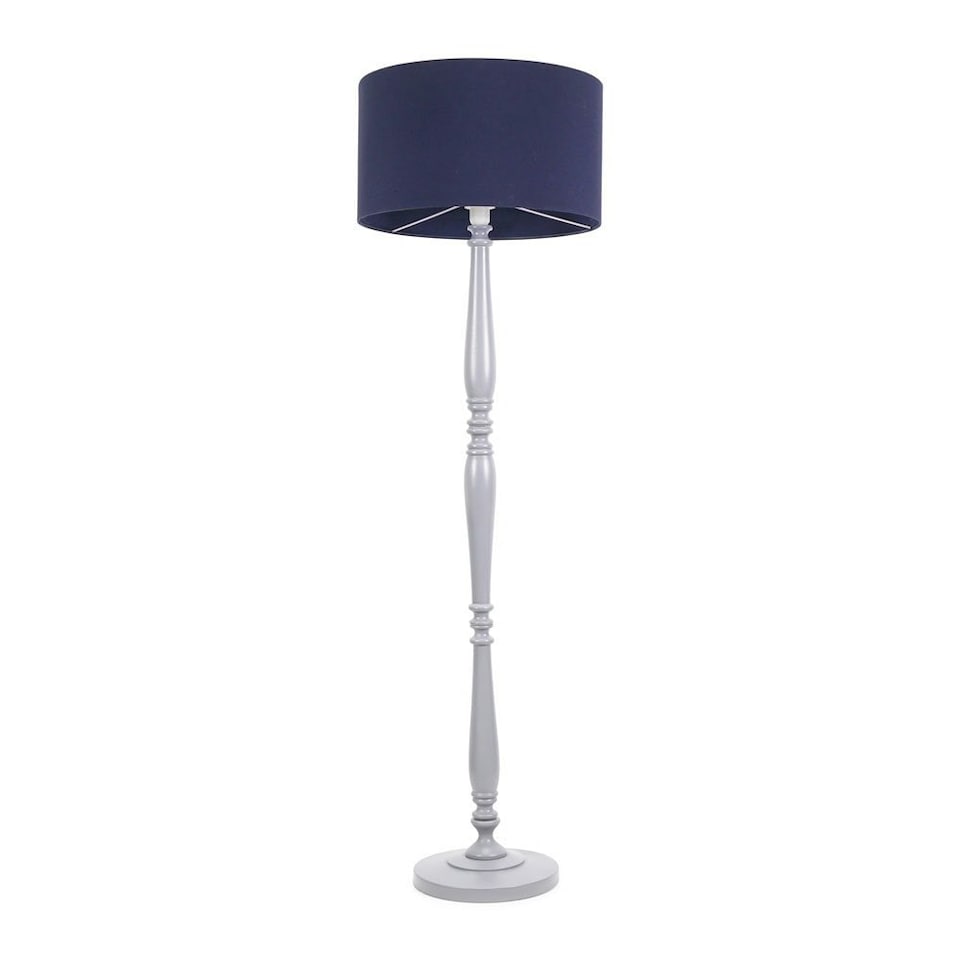 image 1 of ValueLights Victoria Grey Wood Floor Lamp Navy Blue Shade | Grey | Navy