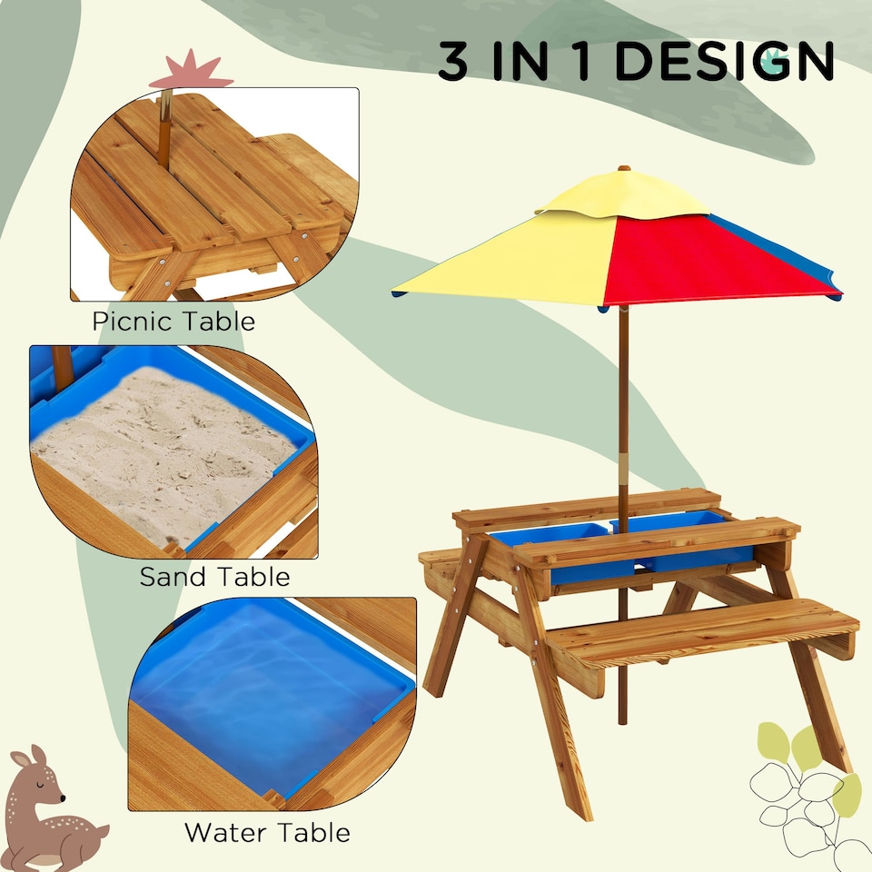 image 1 of Outsunny Kids Picnic Table Set w/ Sand and Water, Removable Parasol - Brown