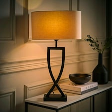 ValueLights Katniss Large Black Metal Bedside Table Lamp with an Oatmeal Oval Fabric Lampshade - Bulb Included Black