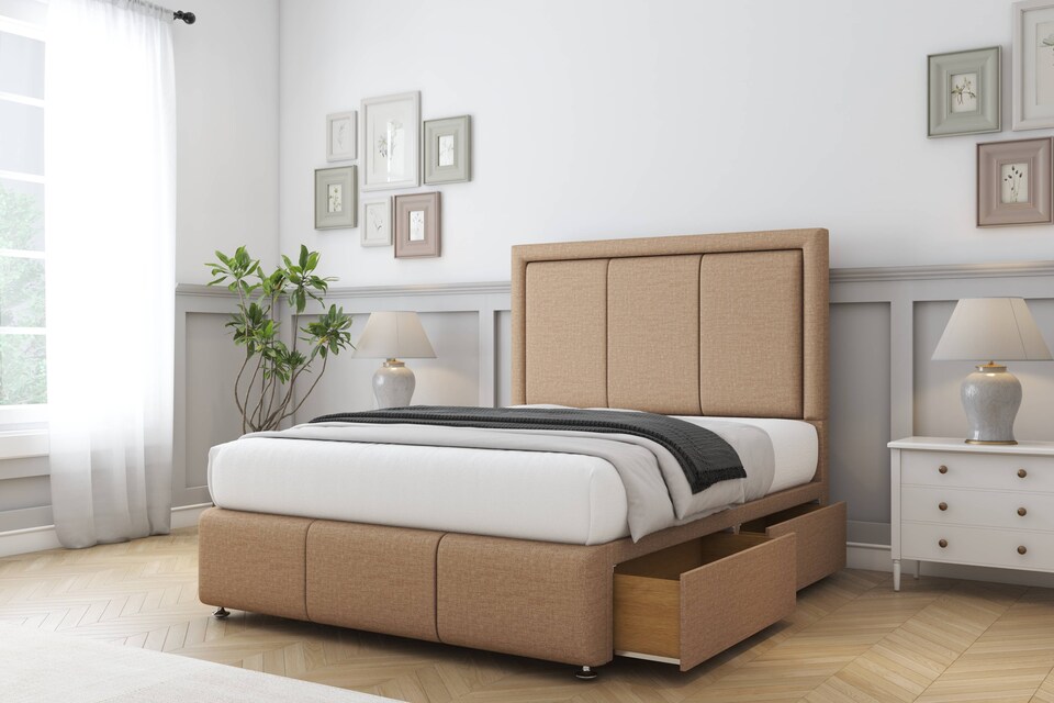 image 1 of Sloomy Lancaster Latte Dumfries Divan Bed With Mattress 2 Drawers Left Side With 26" Strutted Headboard & 12" Matching Footboard 6' Super King | Brown | Latte | Super King | 1