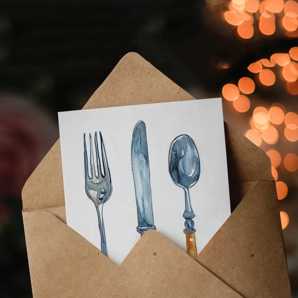 image 1 of Greeting Card Cutlery Fork Spoon and Knife Bright Watercolour Birthday