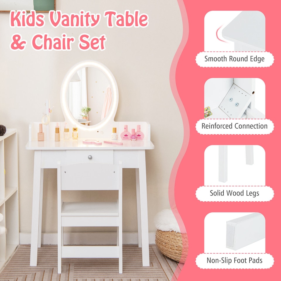 image 1 of COSTWAY Kids Vanity Set Makeup Beauty Dressing Table White