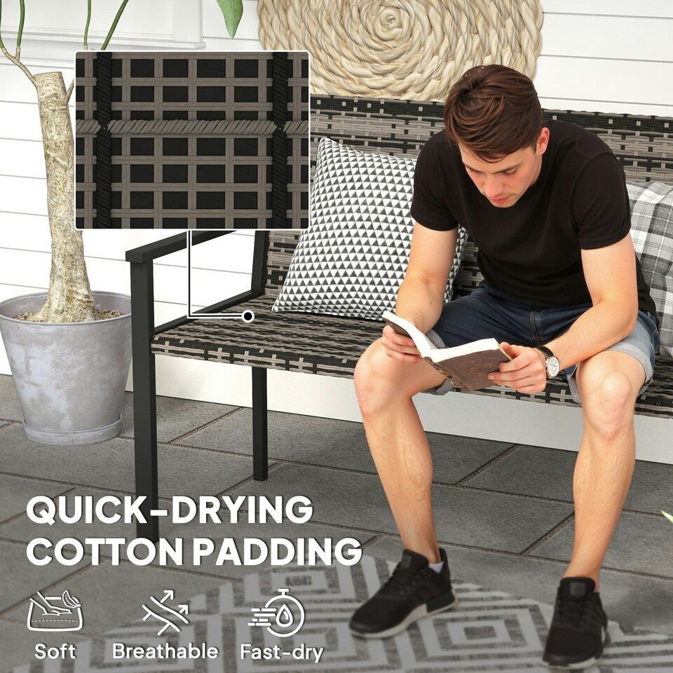 image 1 of Outsunny Rattan Garden Bench Loveseat with Quick-Drying Padding, Mixed Grey Brown | Mixed Brown