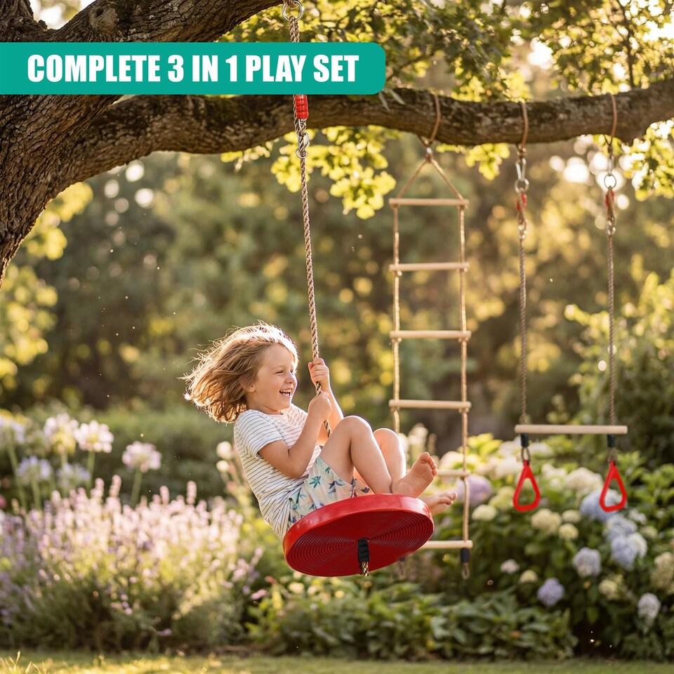 image 1 of The Magic Toy Shop 3-in-1 Trapeze Swing Rope Ladder Set Outdoor Climbing Accessories