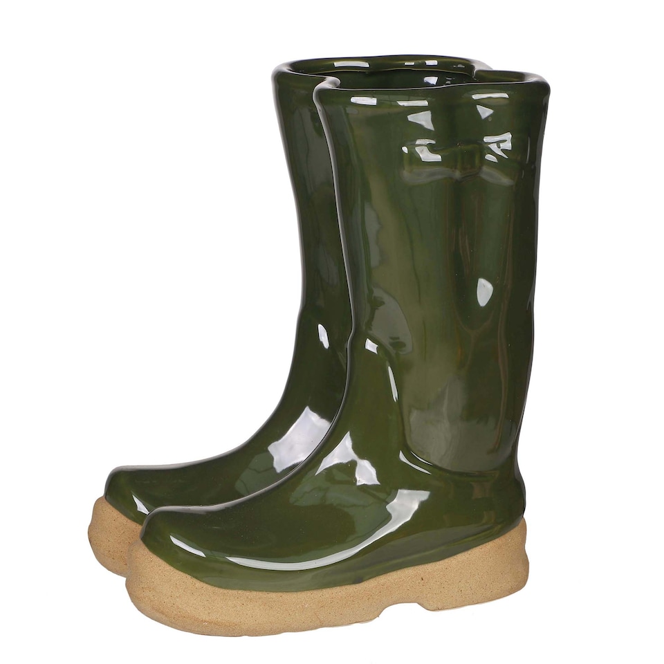 image 1 of Dark Green Wellington Boots Large Ceramic Indoor Outdoor Flower Pot Garden Planter Pot H29.5 x W24cm | Green | Dark Green