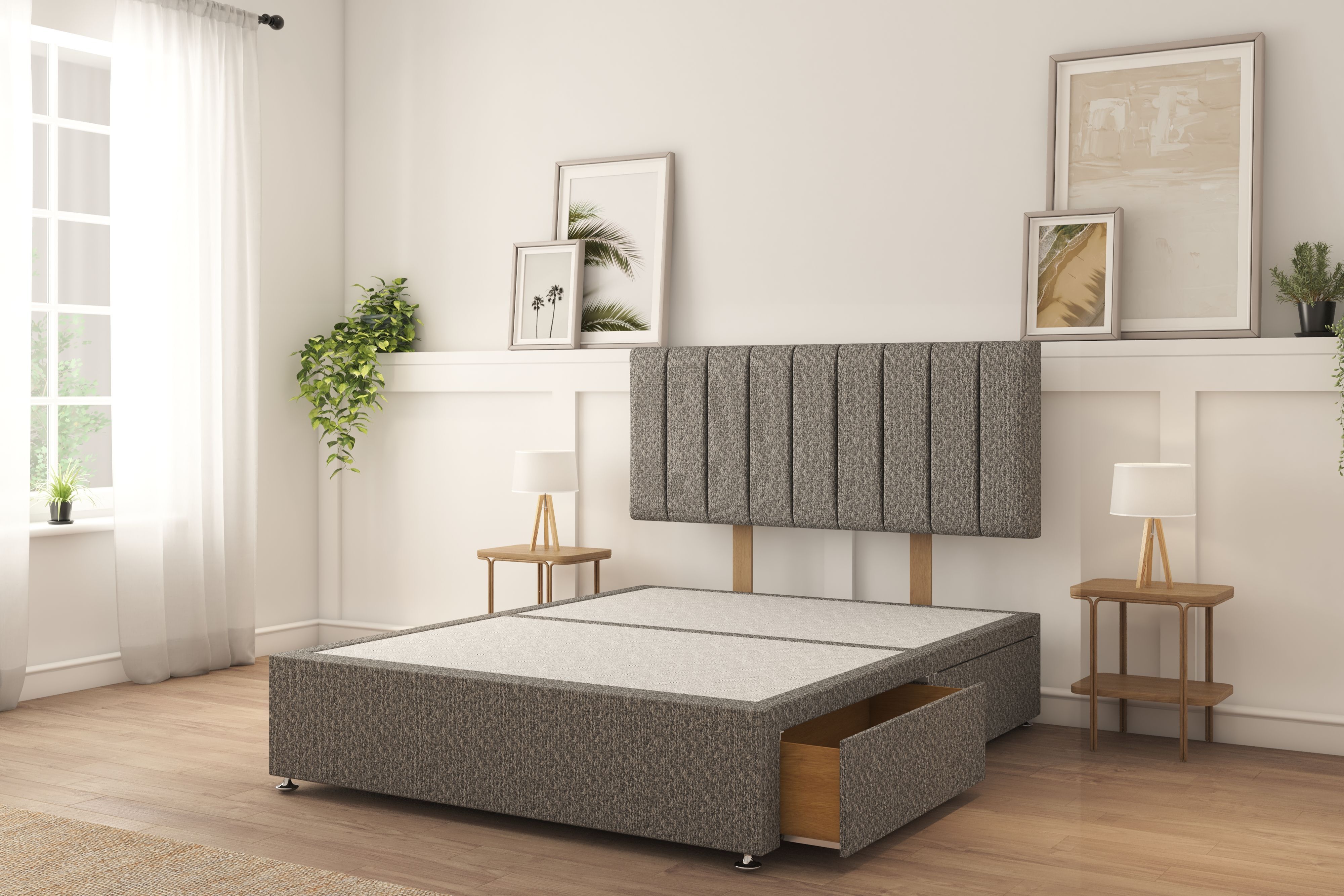 Sloomy Kansas Pewter Tweed Divan Bed Base 2 Drawers Foot-End With 26" Strutted Headboard 4'6 Double