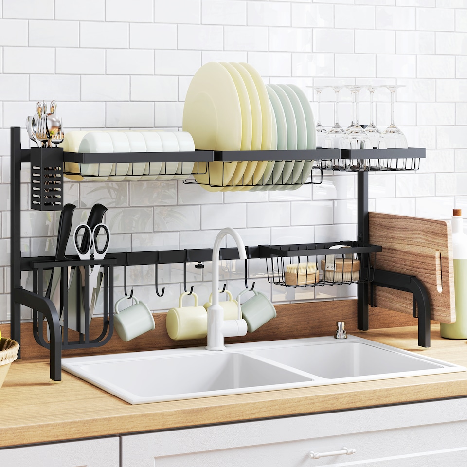 image 1 of HOMCOM Large Dish Drainer Rack Over The Sink, 2 Tier Adjustable Dish Drainer 51-93cm, Space Saving Kitchen Counter Shelf Organiser, Black