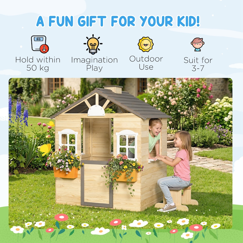 image 1 of Outsunny Wooden Kids Playhouse w/ Door, Windows, Bench, For Ages 3-7 Years