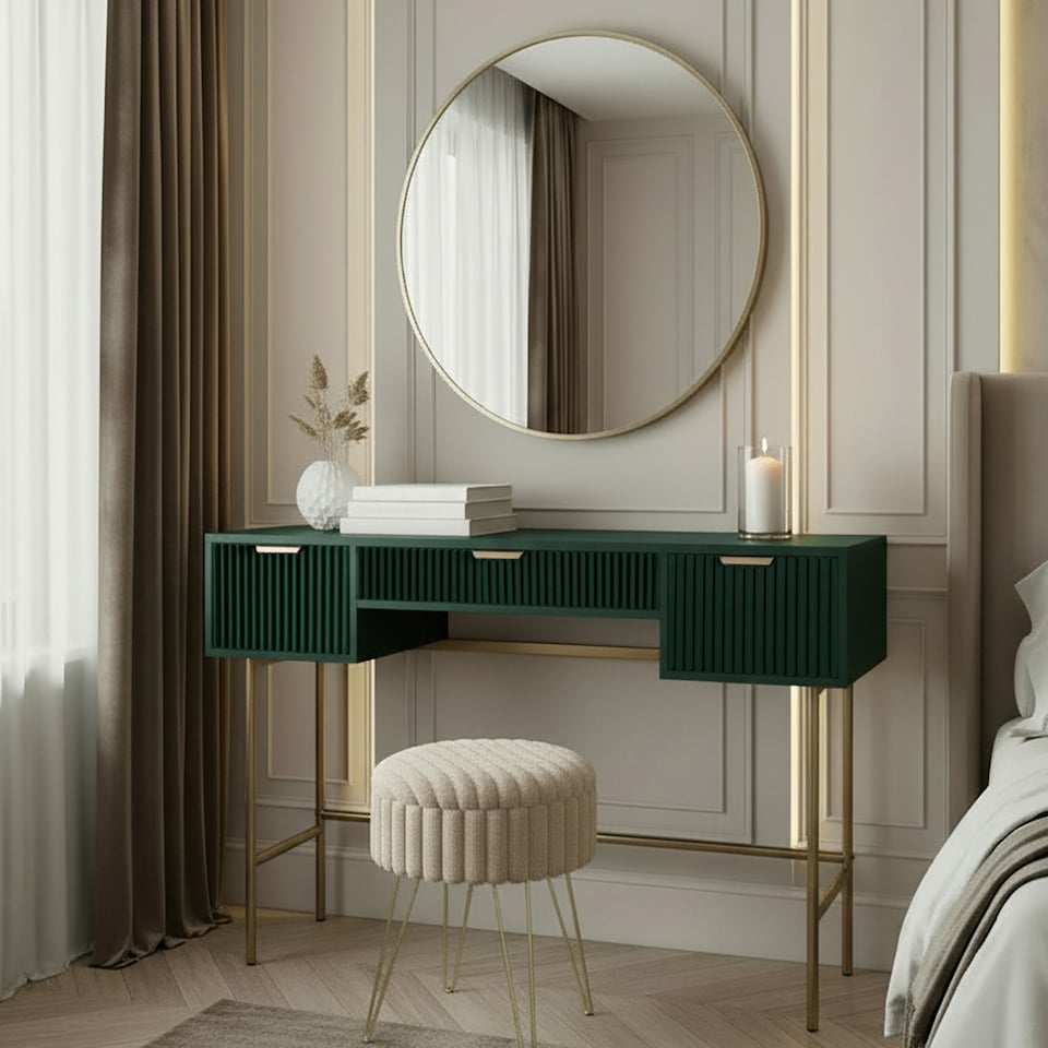 image 1 of OHS Ribbed Dressing Table Vanity Makeup Desk with 3 Drawers | Green | Dark Forest Green