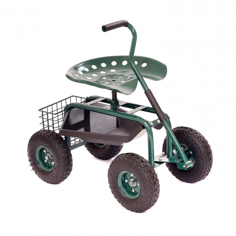 image 1 of Outdoor Rolling Garden Seat Wheeled Stool with Tool Tray & Basket | Green