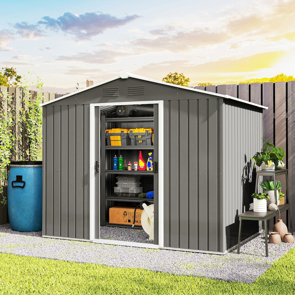 image 1 of Outsunny 7.7 x 5.7ft Metal Garden Shed with Ventilation Slots and Sliding Doors, Galvanised Outdoor Tool Storage House, Light Grey