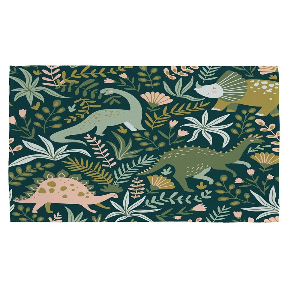 image 1 of Hand drawn dinosaurs and tropical leaves and flowers. (Kitchen Towel)
