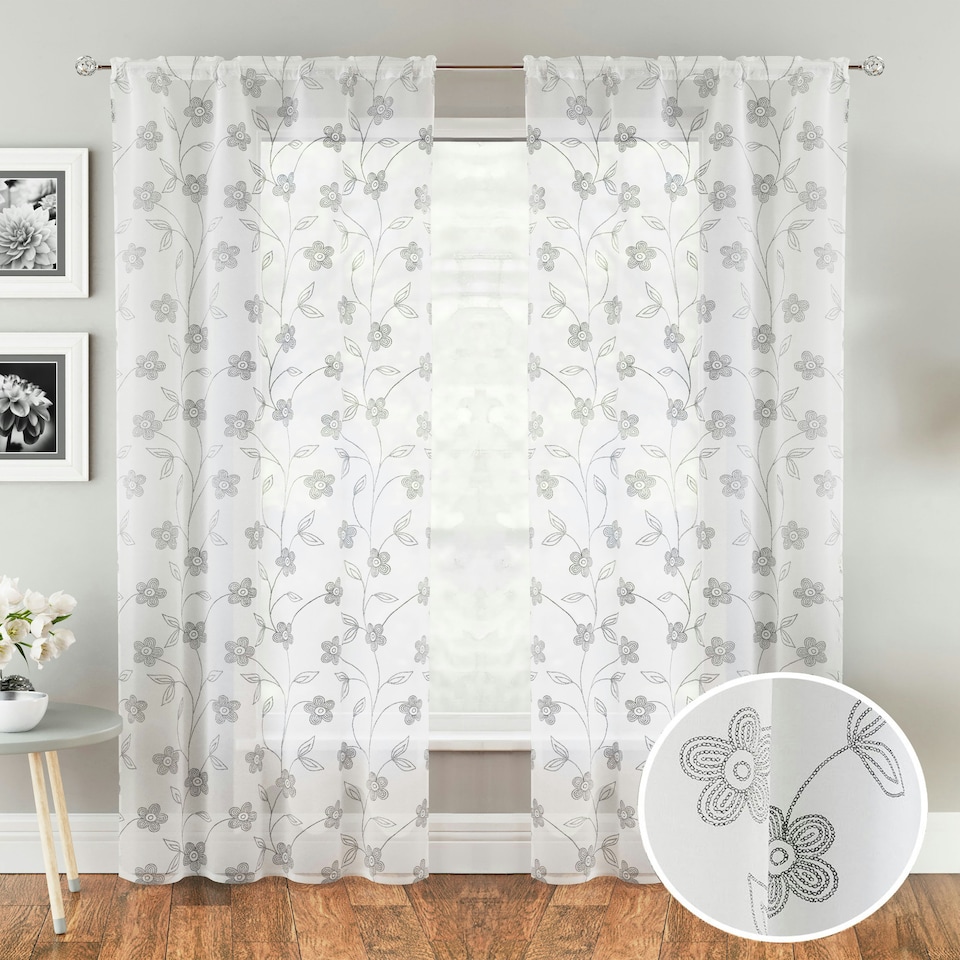 image 1 of Pair of Sienna Grey Floral Trail Embroidery Voile Panels 137 cm (54 inch) Rod Pocket Panels for Bedroom and Living Room
