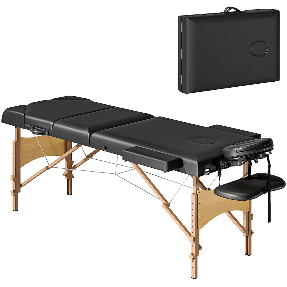 image 1 of HOMCOM Portable Massage Table, 3 Section Adjustable Beauty Bed, Wooden Foldable Massage Bed with Face Cradle, Padded Armrests for Spa, Lash, Tattoo, Black | Black | Black
