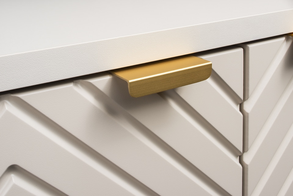 image 1 of Bathroom Furniture Set  600mm Wall Hung Vanity Unit with Tallboy Storage Cabinet Ribbed Fluted Herringbone Beige Cara
