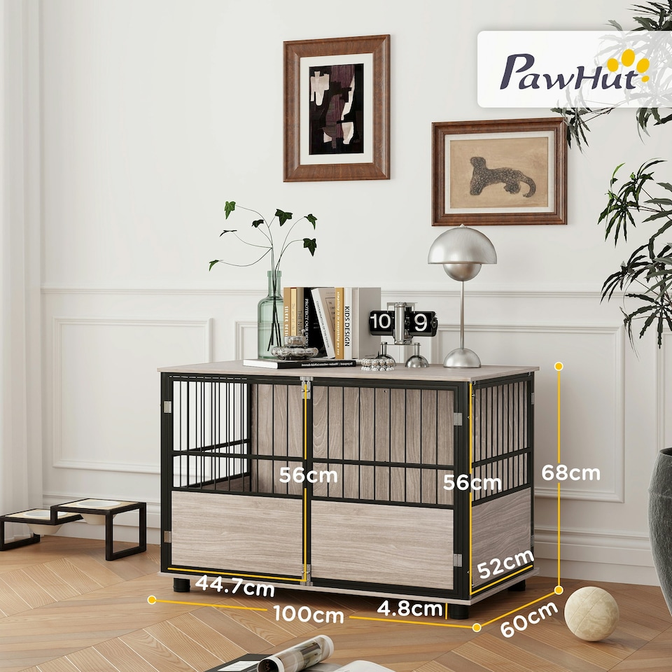 image 1 of PawHut 100cm Dog Crate Furniture Dog Cage End Table Indoor w/ Doors, Cushion