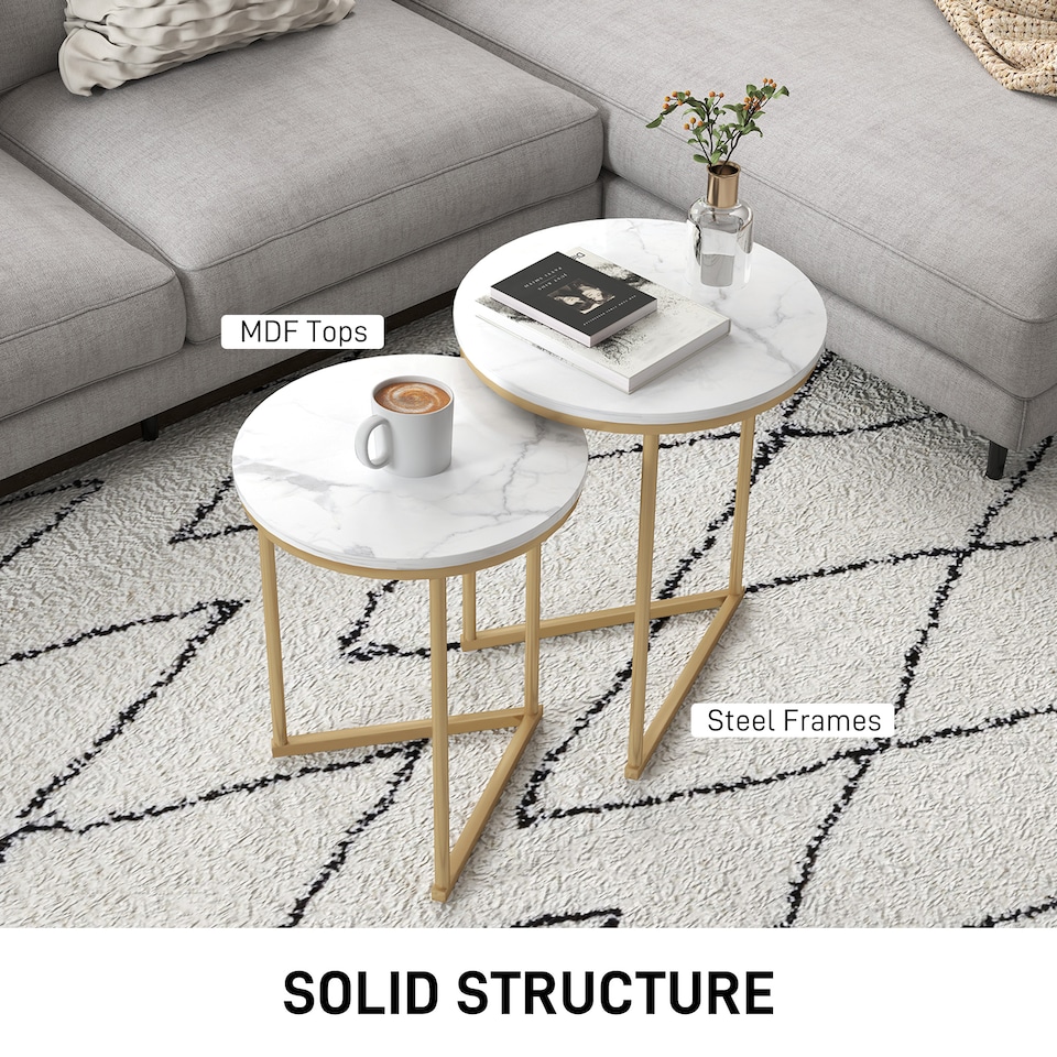 image 1 of HOMCOM Nesting Coffee Table Set of 2, Modern Nest of Tables, Round Sofa Side Tables with Metal Frame for Living Room, Bedroom, Small Space, Gold Tone | Gold