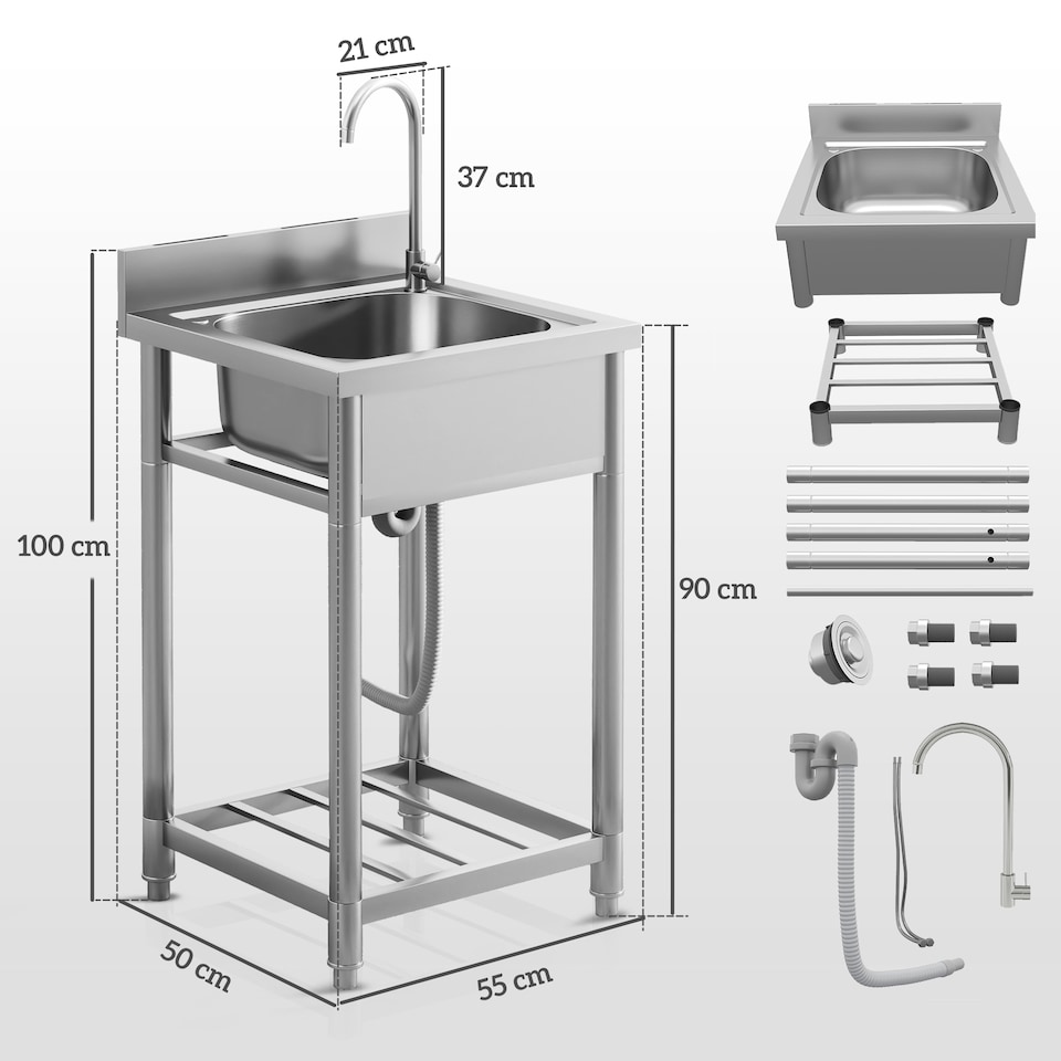 image 1 of HOMCOM Stainless Steel Utility Sink with Cold and Hot Water Pipe Silver Tone