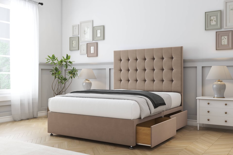 image 1 of Sloomy Alabama Mink Plush Divan Bed Base 2 Drawers Foot-End With 54 Inch Floor Standing Headboard | Brown | Mink | Double | 1