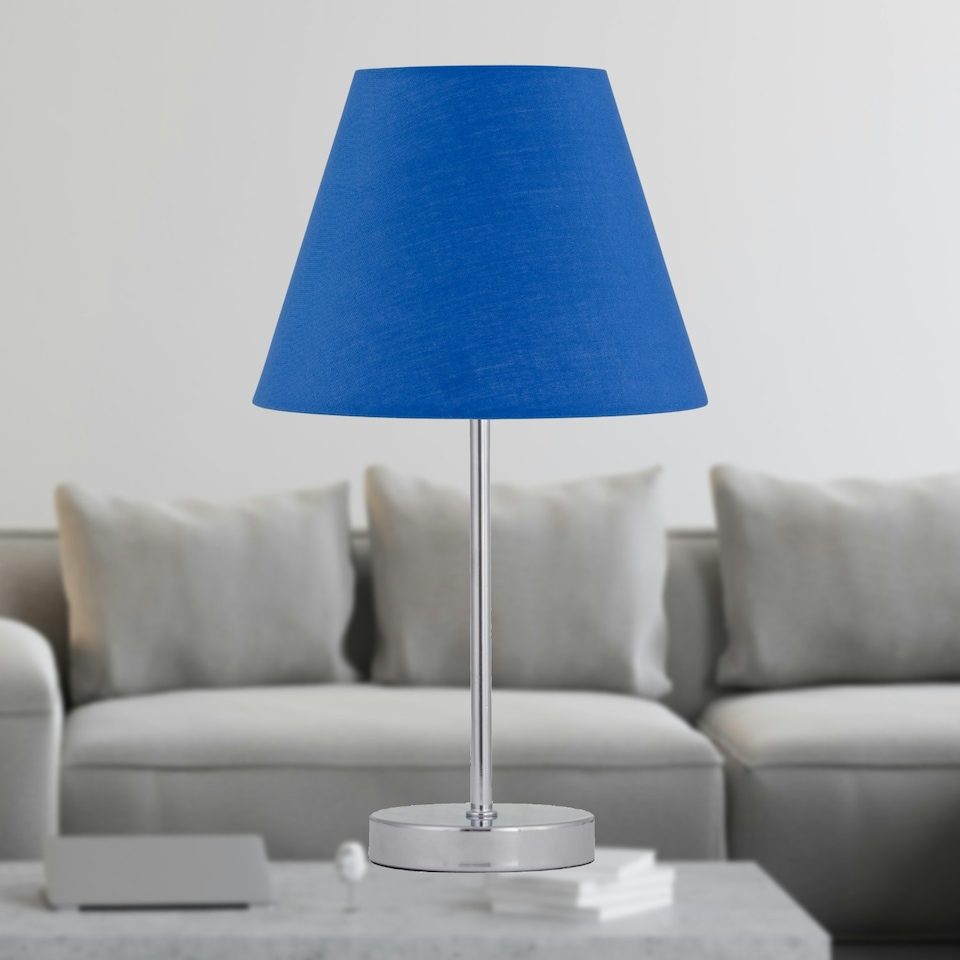 image 1 of Set of 2 Chrome Touch Operated Table Lamps with Navy Blue Shades