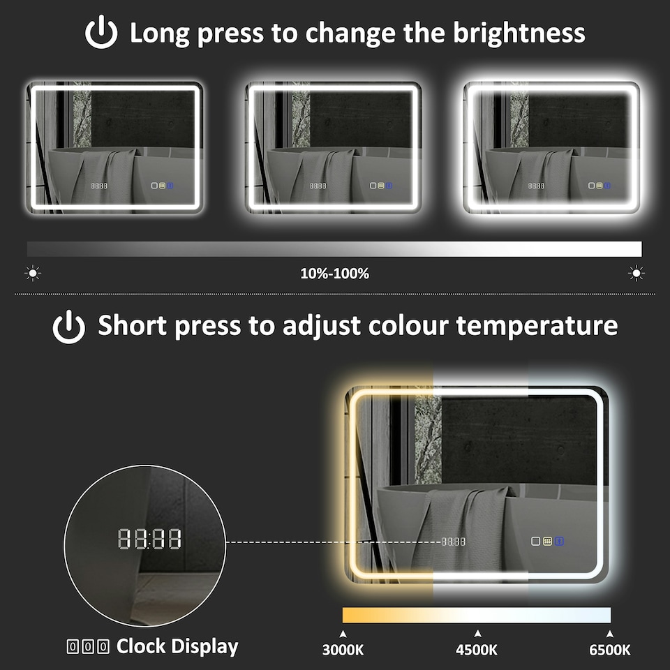 image 1 of HOMCOM 600 x 800 mm Illuminated Bathroom Mirror with Bluetooth Clock Silver | Silver | 80 x 60 x 3.5 cm | 1