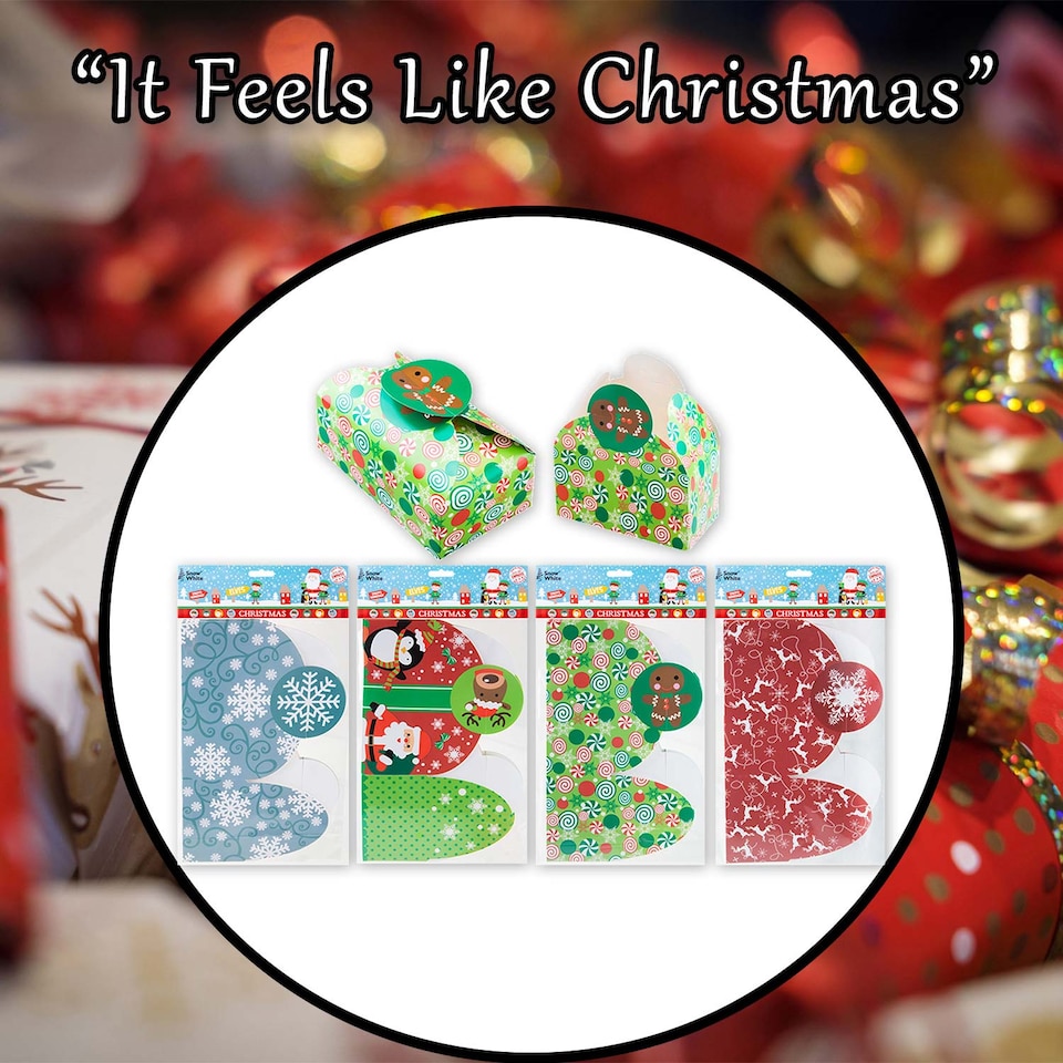 image 1 of PMS Christmas Gift Boxes 4 Pack, Varied Xmas Designs, 18x7x11cm